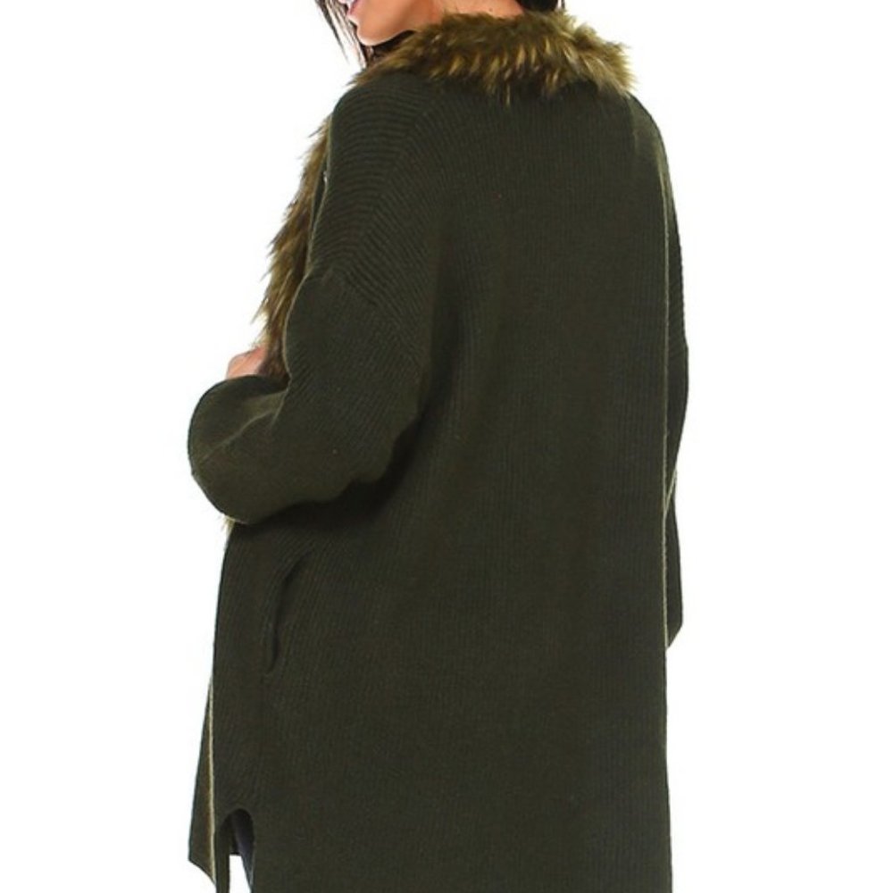 Olive Faux Fur Collar Long Sleeve Cardigan - Picture 5 of 6